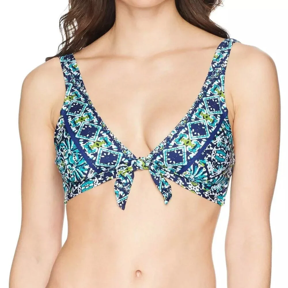 NWT La Blanca Tuvalu Tapa Tie Front Knot Bikini Top Sz. 14